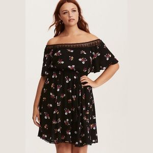 Torrid Black Floral Lace Dress Off Shoulder Boho Style Sundress